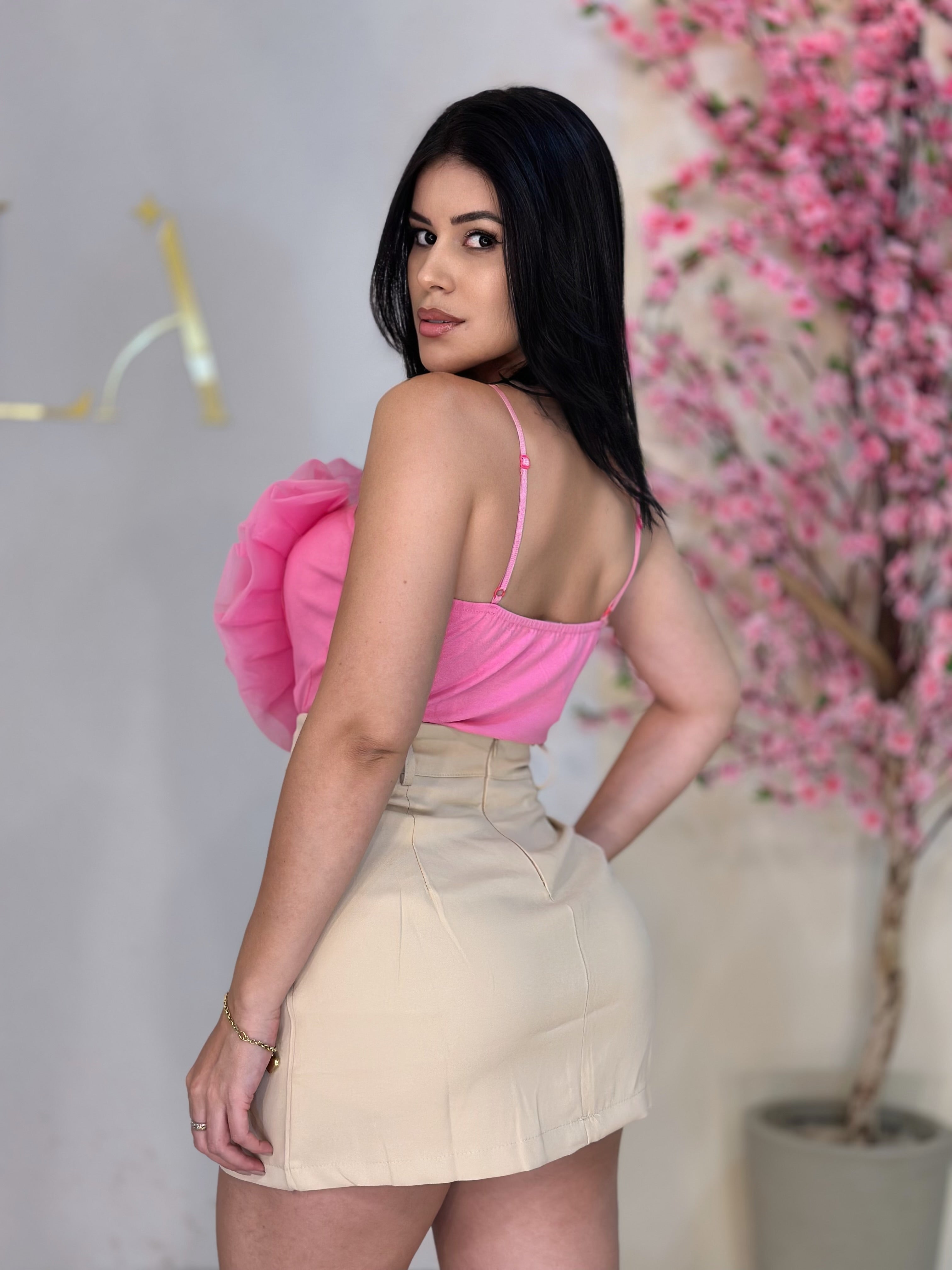 CROPPED FLOR ORGANZA - ROSA - T único