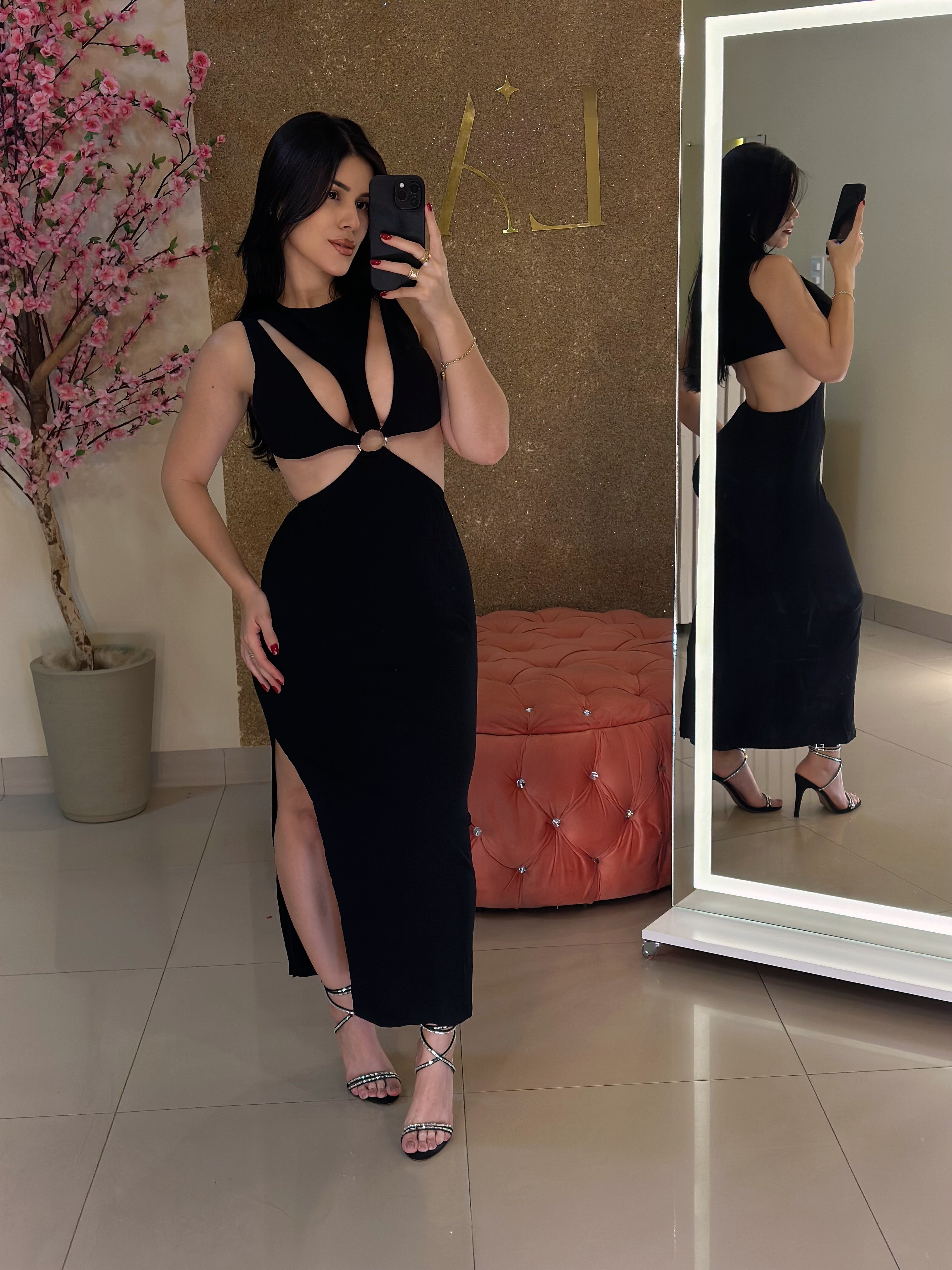VESTIDO ARGOLA MIDI CANELADO - PRETO - TAMANHO ÚNICO