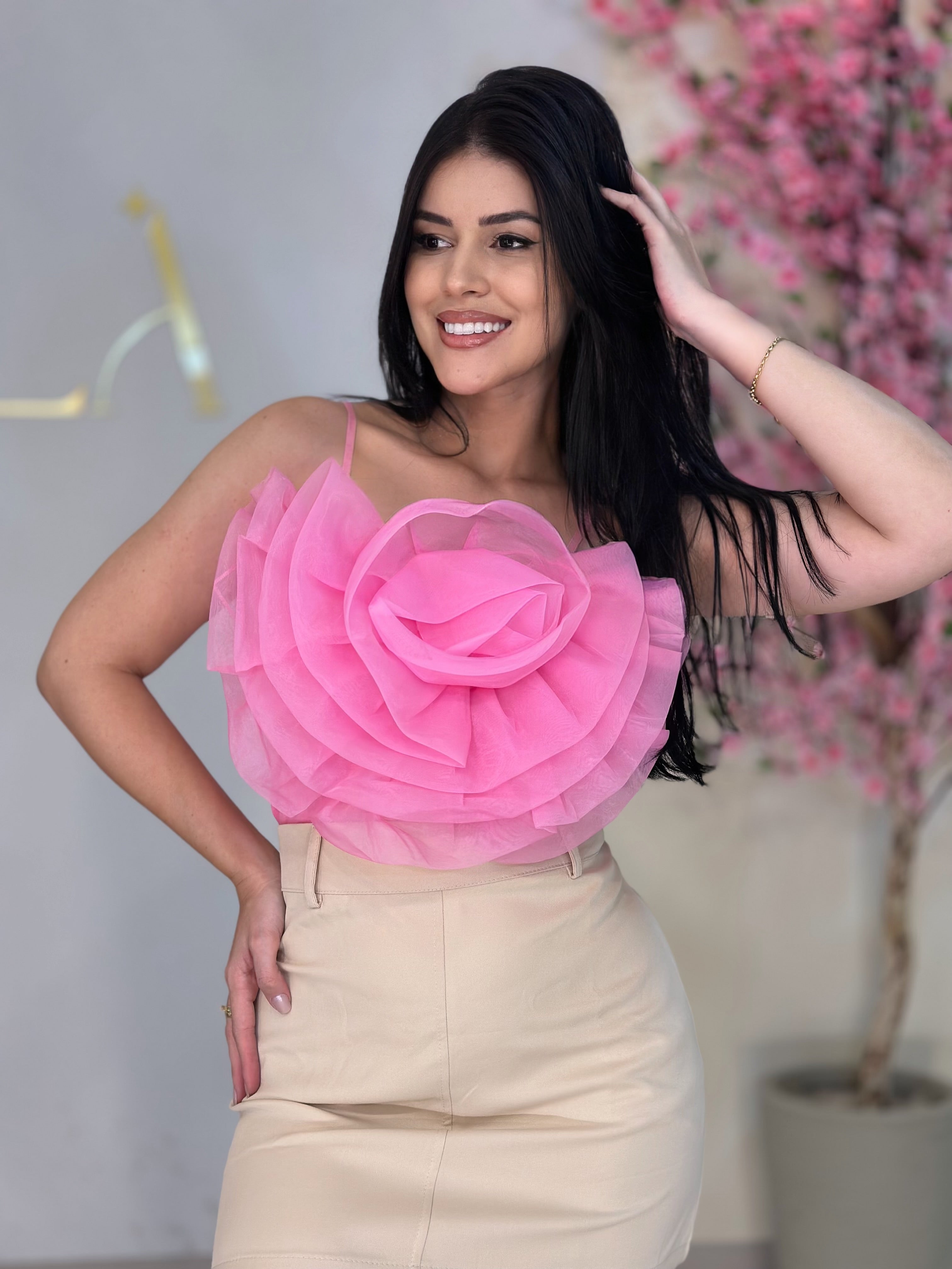 CROPPED FLOR ORGANZA - ROSA - T único