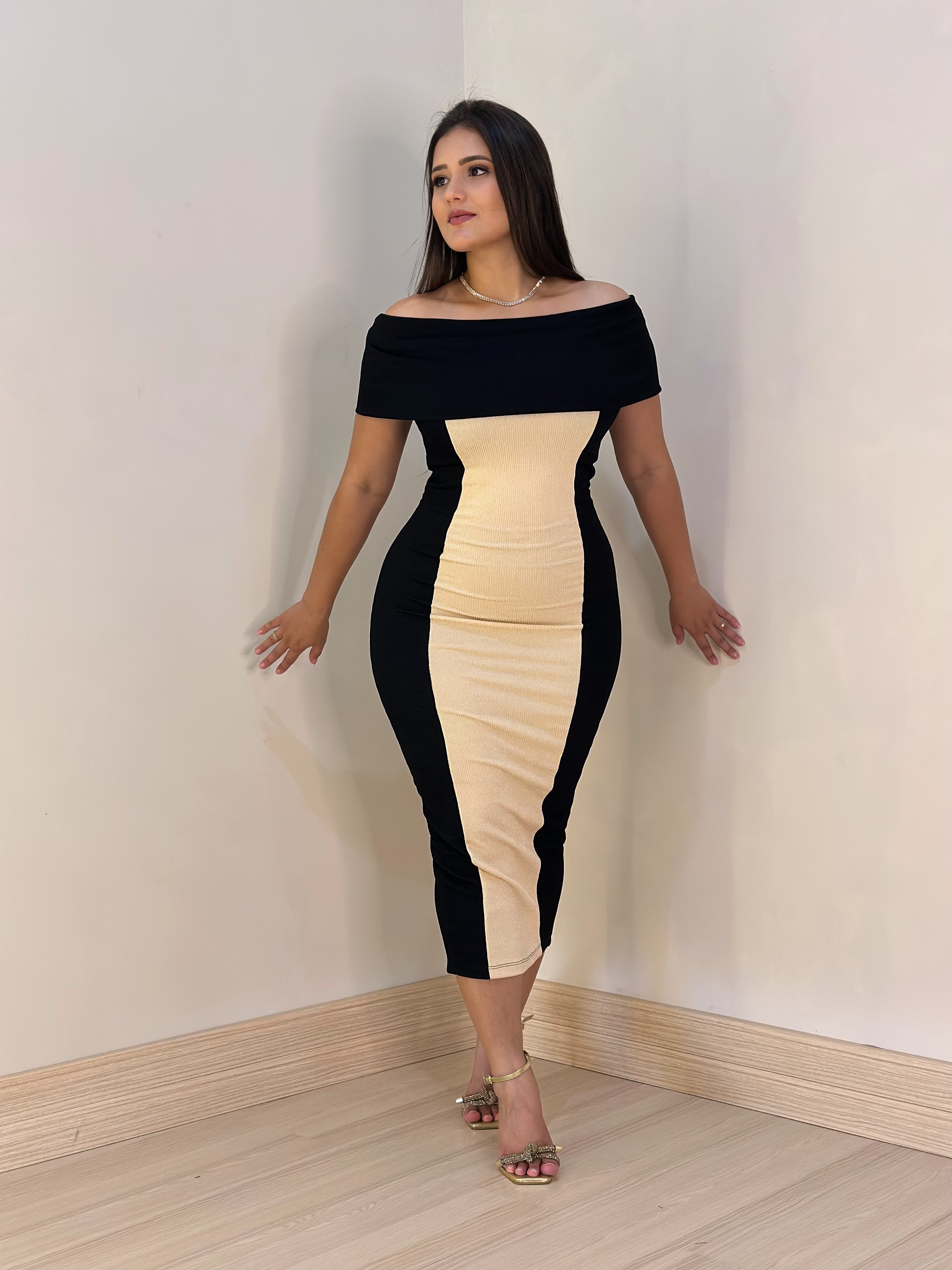 VESTIDO ALINE OMBRO A OMBRO - BEGE C PRETO - TAMANHO ÚNICO